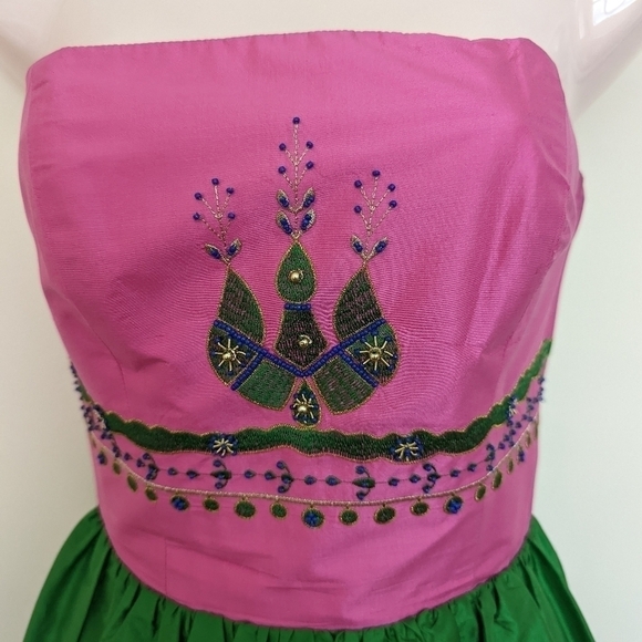BETSEY JOHNSON Indian embroidered silk mini dress strapless 2 xs small - Picture 3 of 14